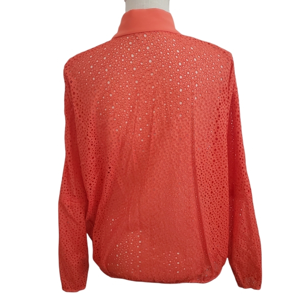 TIBI | Women's coral orange eyelet lace, zipper-front bomber jacket. Size small. - Picture 3 of 9